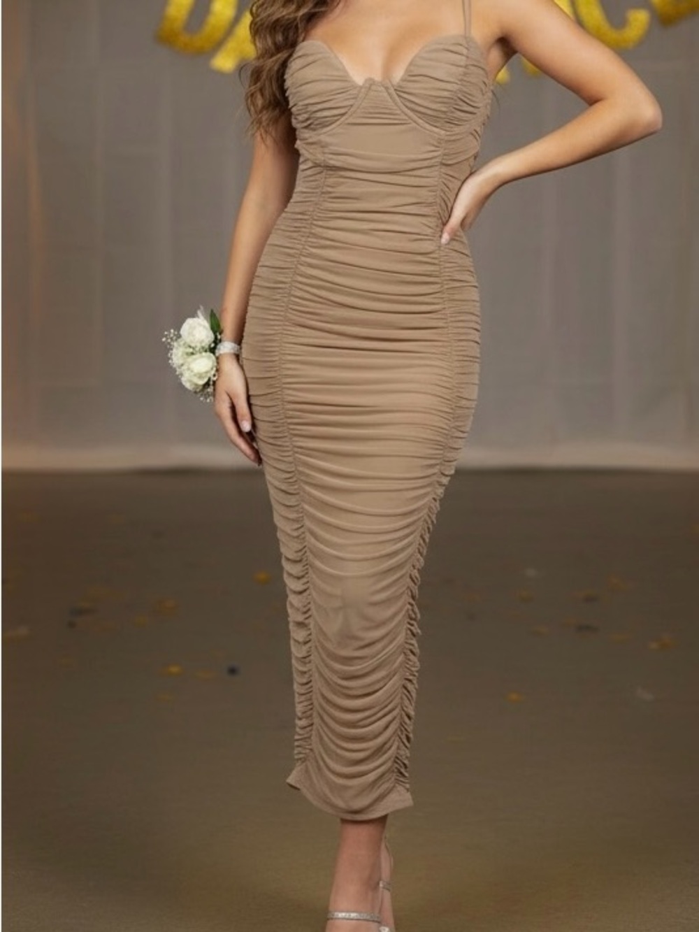 Hera Collection Neutral Draped Ruched Mesh Evening Cocktail / Homecoming Dress